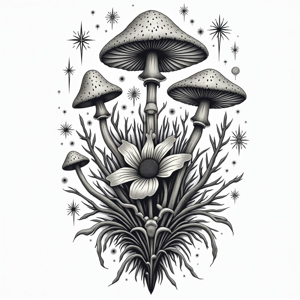 Vines flowers and mushrooms trippyin prophecy tattoo style, featuring mystical symbols, celestial imagery like stars, moons, suns, geometric patterns, foretelling elements, an eye of wisdom - Variation 2