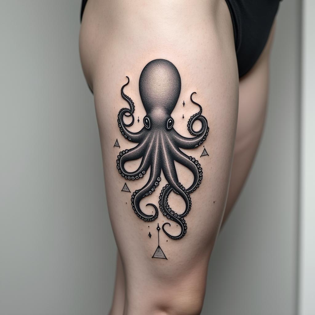 Feminine octopusin minimalist style tattoo, featuring simple shapes and fine lines, with minimal shading and details, tiny triangles, creating a sense of balance and harmony