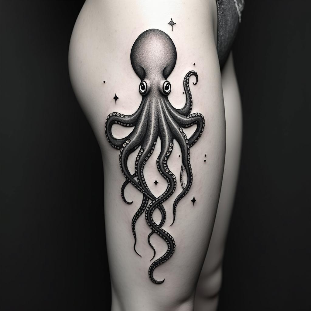 Feminine octopusin minimalist style tattoo, featuring simple shapes and fine lines, with minimal shading and details, tiny triangles, creating a sense of balance and harmony - Variation 2