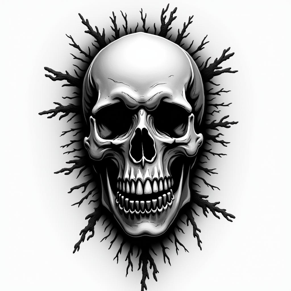 Manuel, Capricorn, Nuevo León in horror tattoo style, showcasing haunting and unsettling, dark and gritty textures with skulls, eerie faces, jgged designs, bold and intense shading