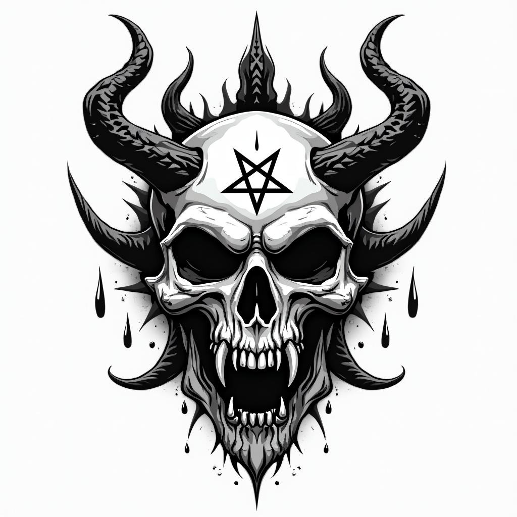 Design me a firefighting logocreepy horror tattoo style, featuring an eerie and unsettling skull of a demonic creature, distorted face with sharp fangs, add pentagram symbol - Variation 4