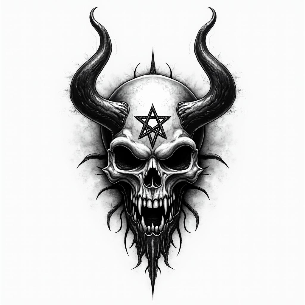 Design me a firefighting logocreepy horror tattoo style, featuring an eerie and unsettling skull of a demonic creature, distorted face with sharp fangs, add pentagram symbol