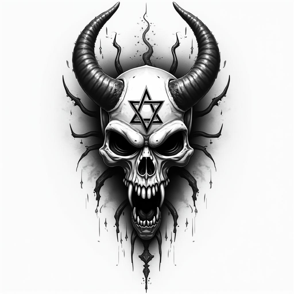 Design me a firefighting logocreepy horror tattoo style, featuring an eerie and unsettling skull of a demonic creature, distorted face with sharp fangs, add pentagram symbol - Variation 3