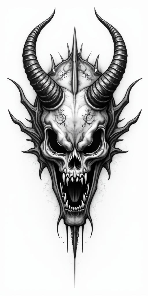 Dragoncreepy horror tattoo style, featuring an eerie and unsettling skull of a demonic creature, distorted face with sharp fangs, add pentagram symbol - Variation 8