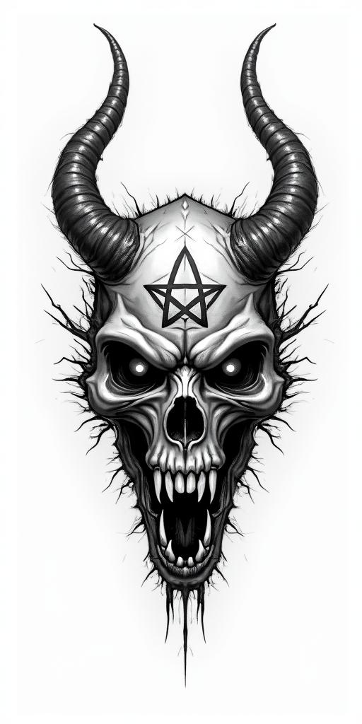 Dragoncreepy horror tattoo style, featuring an eerie and unsettling skull of a demonic creature, distorted face with sharp fangs, add pentagram symbol - Variation 7