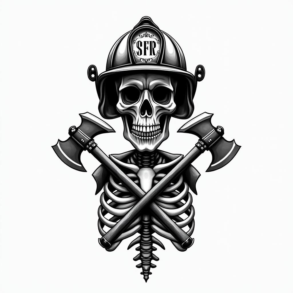 Design me a firefighting logo of a skeleton wearing a fire helmet with two axes crossing each otherin realism tattoo style, featuring a highly detailed, lifelike, capturing every detail, photorealistic, ultra realistic, intricate shading, smooth and sharp, - Variation 3