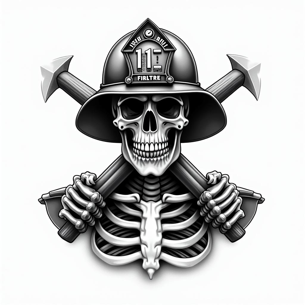 Design me a firefighting logo of a skeleton wearing a fire helmet with two axes crossing each otherin realism tattoo style, featuring a highly detailed, lifelike, capturing every detail, photorealistic, ultra realistic, intricate shading, smooth and sharp, - Variation 4