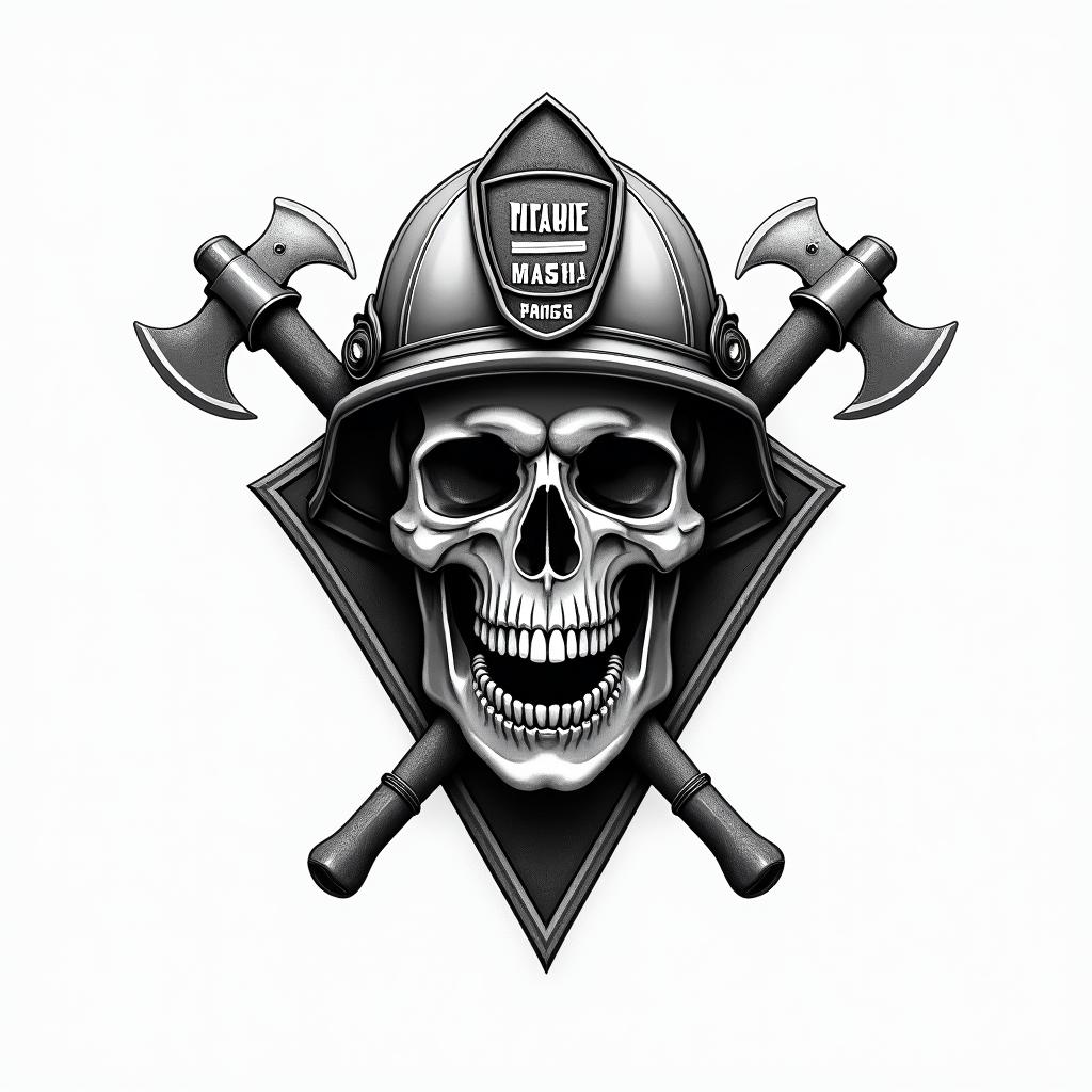 Design me a firefighting logo of a skeleton wearing a fire helmet with two axes crossing each otherin realism tattoo style, featuring a highly detailed, lifelike, capturing every detail, photorealistic, ultra realistic, intricate shading, smooth and sharp, - Variation 2