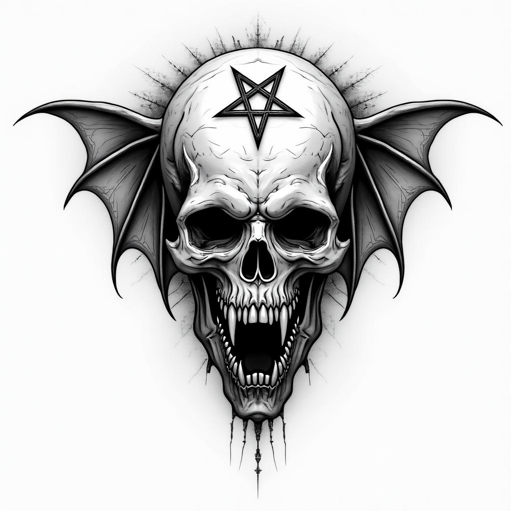 Angels and demonscreepy horror tattoo style, featuring an eerie and unsettling skull of a demonic creature, distorted face with sharp fangs, add pentagram symbol