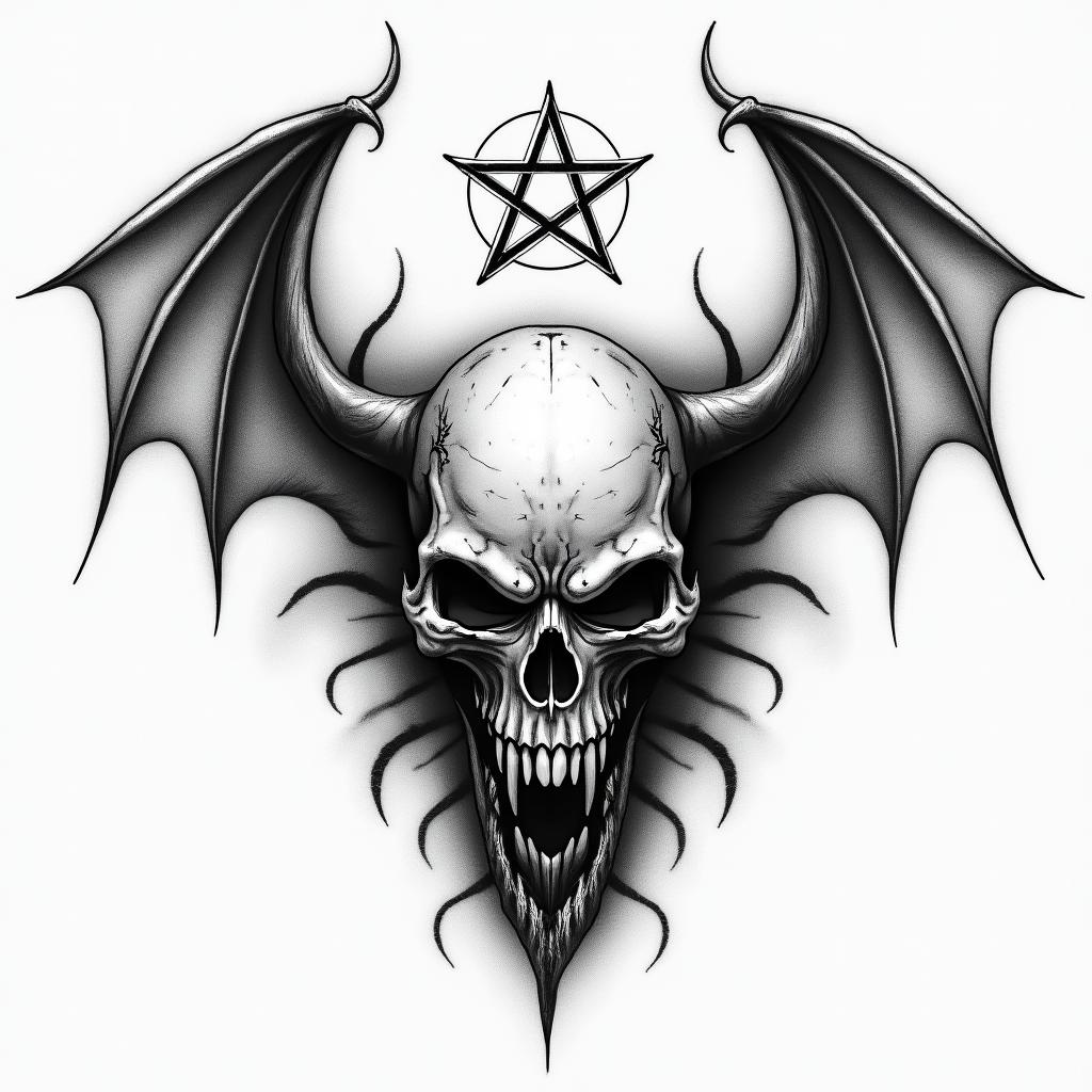 Angels and demonscreepy horror tattoo style, featuring an eerie and unsettling skull of a demonic creature, distorted face with sharp fangs, add pentagram symbol - Variation 3