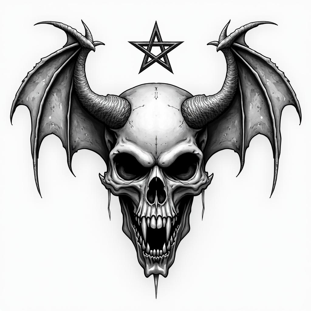 Angels and demonscreepy horror tattoo style, featuring an eerie and unsettling skull of a demonic creature, distorted face with sharp fangs, add pentagram symbol - Variation 2