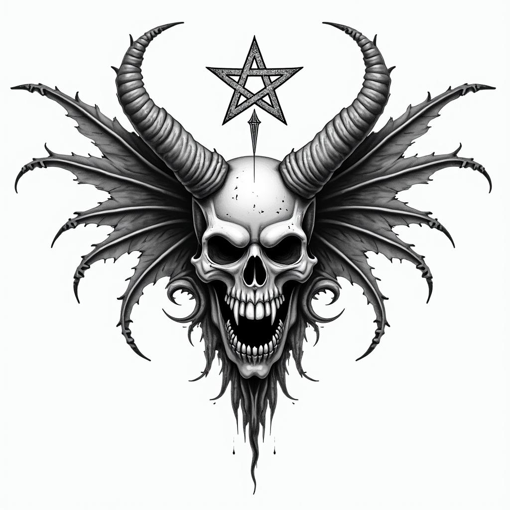 Angels and demonscreepy horror tattoo style, featuring an eerie and unsettling skull of a demonic creature, distorted face with sharp fangs, add pentagram symbol - Variation 4