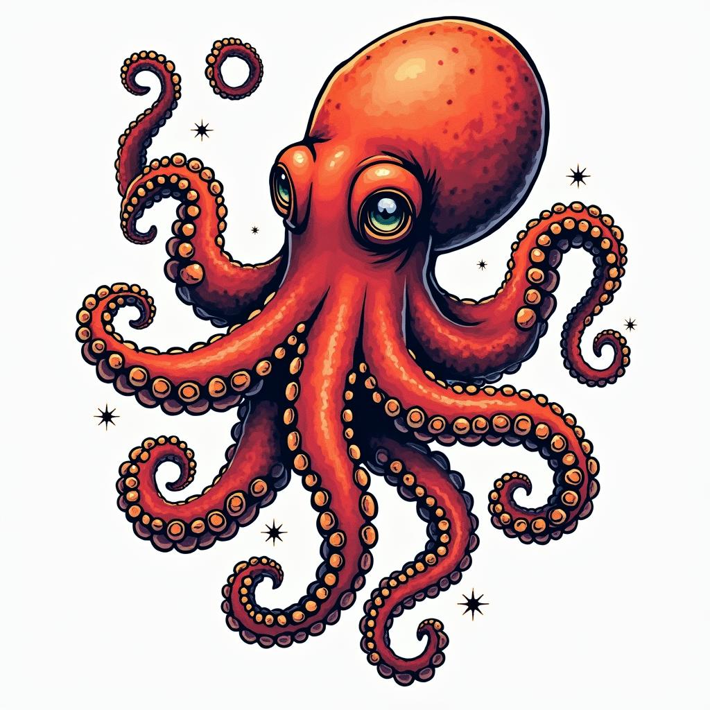 Feminine octopusin pop art style tattoo, featuring bold and vibrant colors, exaggerated outlines, iconic imagery, inspired by comic books and speech bubbles, comic book characters, retro pop culture