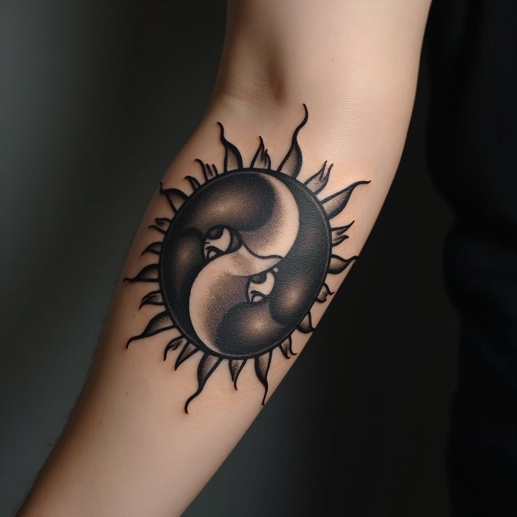 Sun and moon intertwined, shiningin realism tattoo style, featuring a highly detailed, lifelike, capturing every detail, photorealistic, ultra realistic, intricate shading, smooth and sharp, - Variation 6