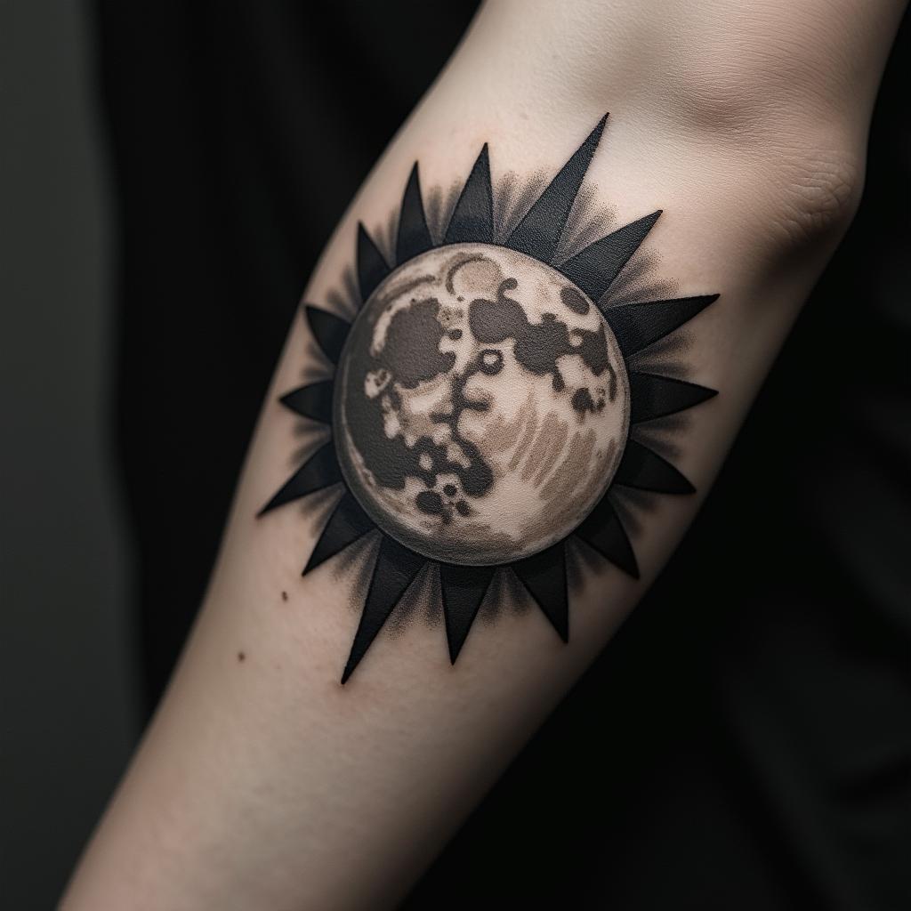 Sun and moon intertwined, shiningin realism tattoo style, featuring a highly detailed, lifelike, capturing every detail, photorealistic, ultra realistic, intricate shading, smooth and sharp, - Variation 8