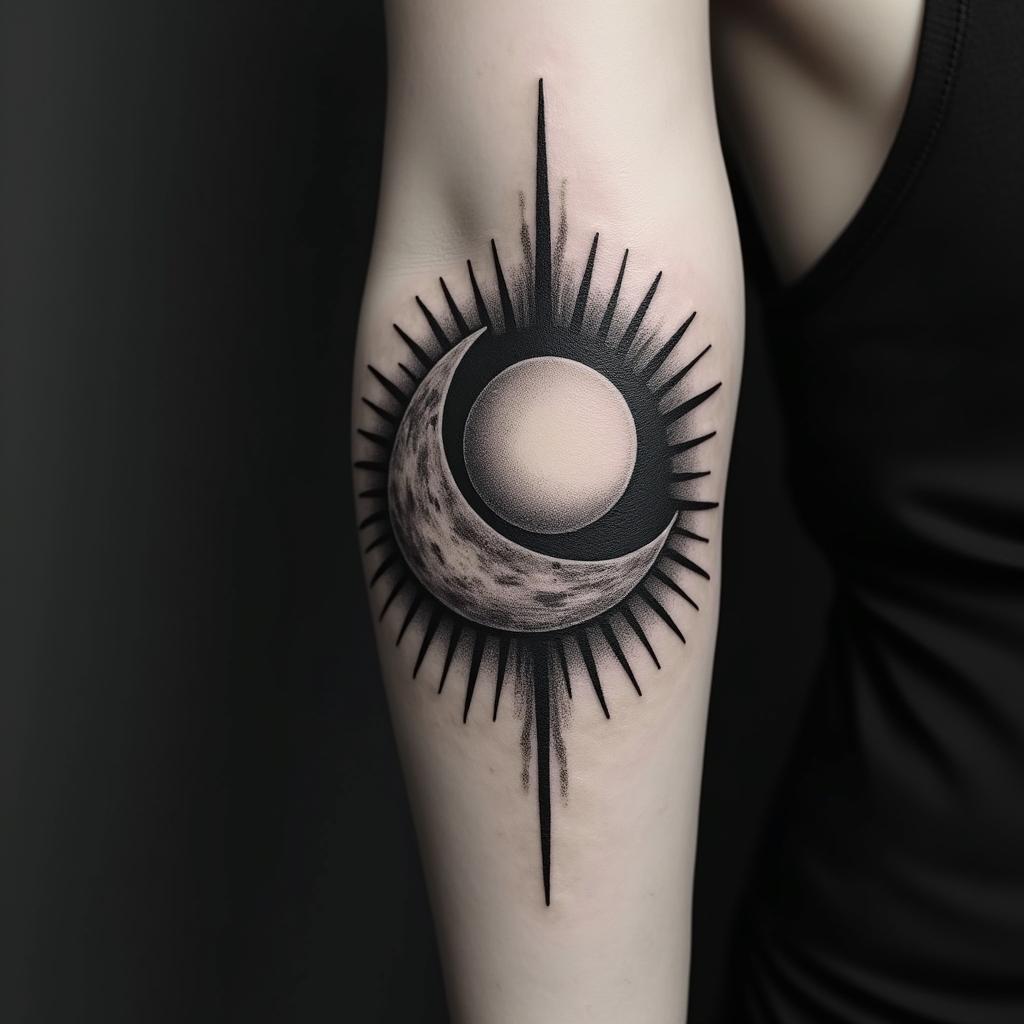 Sun and moon intertwined, shiningin realism tattoo style, featuring a highly detailed, lifelike, capturing every detail, photorealistic, ultra realistic, intricate shading, smooth and sharp, - Variation 5