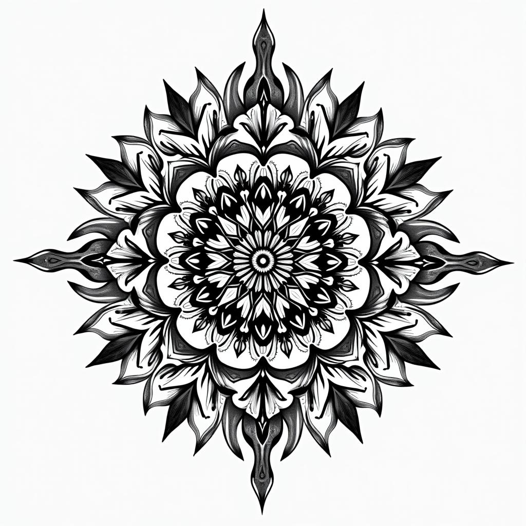 Mandala and geometric shapesin ornamental tattoo style, featuring intricate symmetrical patterns and floral designs, showcasing highly detailed line work and geometric shapes, creating a sense of elegance and balance