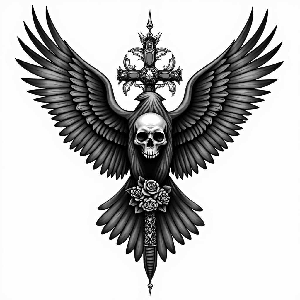 Hawkin chicano style tattoo, featuring intricate black and grey shading, bold elements of traditional chicano culture symbols, add a big cross with skull, chains and roses - Variation 8