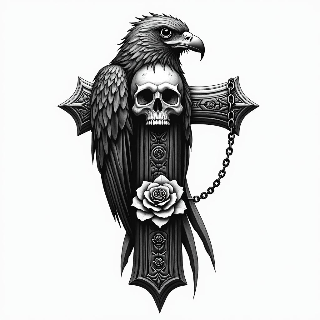 Hawkin chicano style tattoo, featuring intricate black and grey shading, bold elements of traditional chicano culture symbols, add a big cross with skull, chains and roses - Variation 5