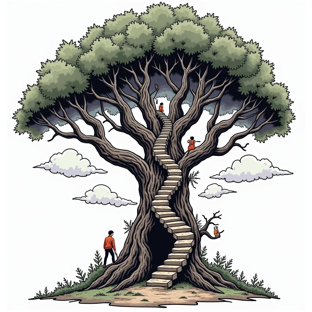 There's people coming out of an old shack going into the tree trunk and up the stairs way on the branches of giant tree that touches the clouds then coming back down from the sky in the branches into the tree trunkin pop art style tattoo, featuring bold and vibrant colors, exaggerated outlines, iconic imagery, inspired by comic books and speech bubbles, comic book characters, retro pop culture - Variation 3