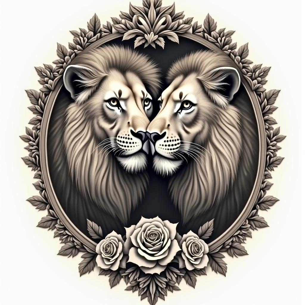 Daughter son lionsin victorian style tattoo, featuring vintage and elegant elements, ornate frames, roses, antique, sepia-toned color scheme - Variation 3