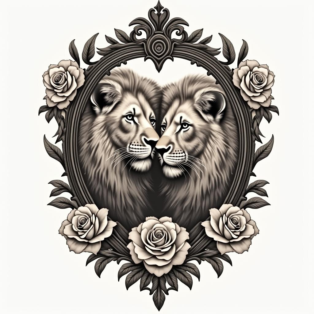 Daughter son lionsin victorian style tattoo, featuring vintage and elegant elements, ornate frames, roses, antique, sepia-toned color scheme