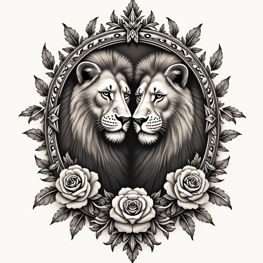 Daughter son lionsin victorian style tattoo, featuring vintage and elegant elements, ornate frames, roses, antique, sepia-toned color scheme - Variation 2