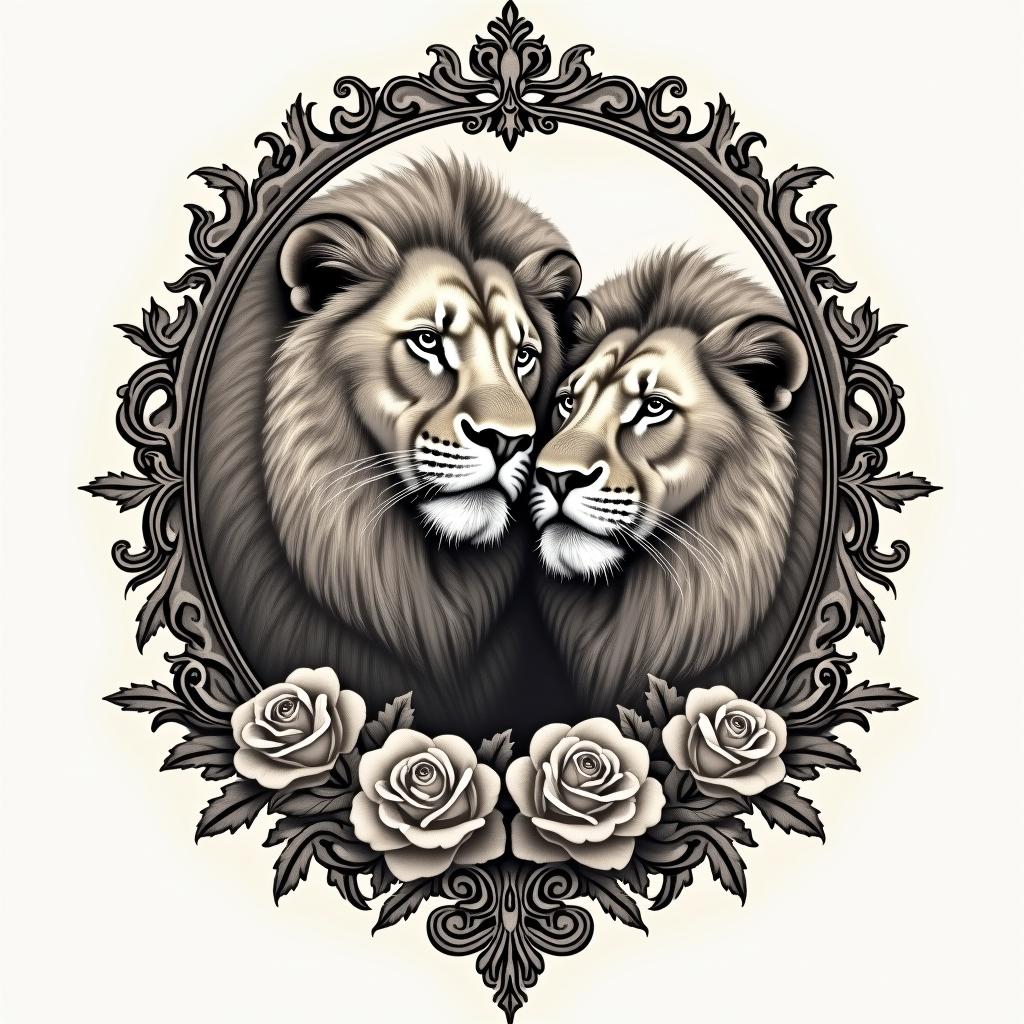 Daughter son lionsin victorian style tattoo, featuring vintage and elegant elements, ornate frames, roses, antique, sepia-toned color scheme - Variation 4