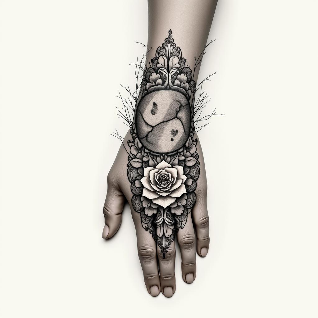Make me a minimally shaded tattoo that covers the hand and wrist. Please make it themed of Pisces.in victorian style tattoo, featuring vintage and elegant elements, ornate frames, roses, antique, sepia-toned color scheme