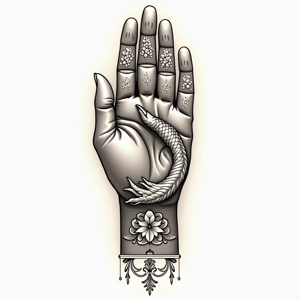 Make me a minimally shaded tattoo that covers the hand and wrist. Please make it themed of Pisces.in victorian style tattoo, featuring vintage and elegant elements, ornate frames, roses, antique, sepia-toned color scheme - Variation 2