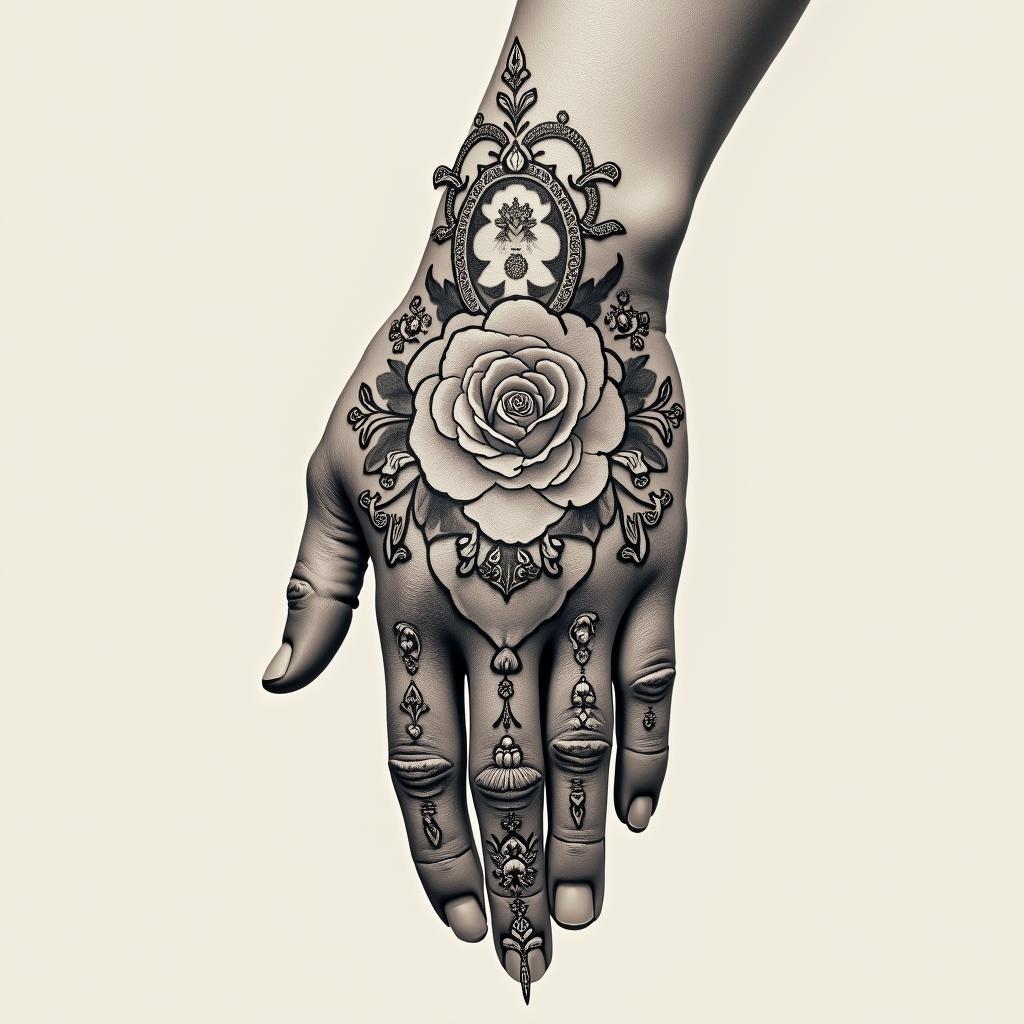 Make me a minimally shaded tattoo that covers the hand and wrist. Please make it themed of Pisces.in victorian style tattoo, featuring vintage and elegant elements, ornate frames, roses, antique, sepia-toned color scheme - Variation 3