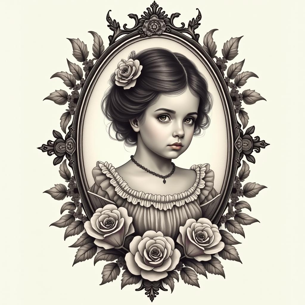 Childrenin victorian style tattoo, featuring vintage and elegant elements, ornate frames, roses, antique, sepia-toned color scheme - Variation 4