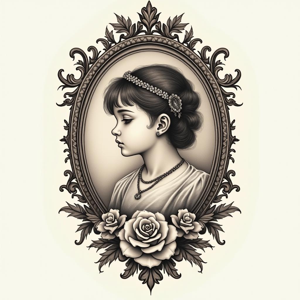 Childrenin victorian style tattoo, featuring vintage and elegant elements, ornate frames, roses, antique, sepia-toned color scheme - Variation 3