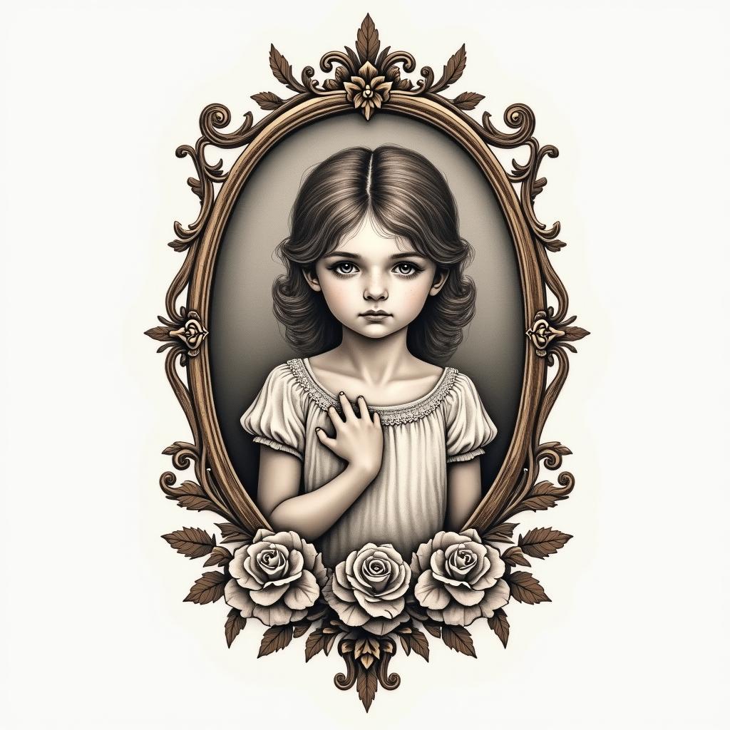 Childrenin victorian style tattoo, featuring vintage and elegant elements, ornate frames, roses, antique, sepia-toned color scheme