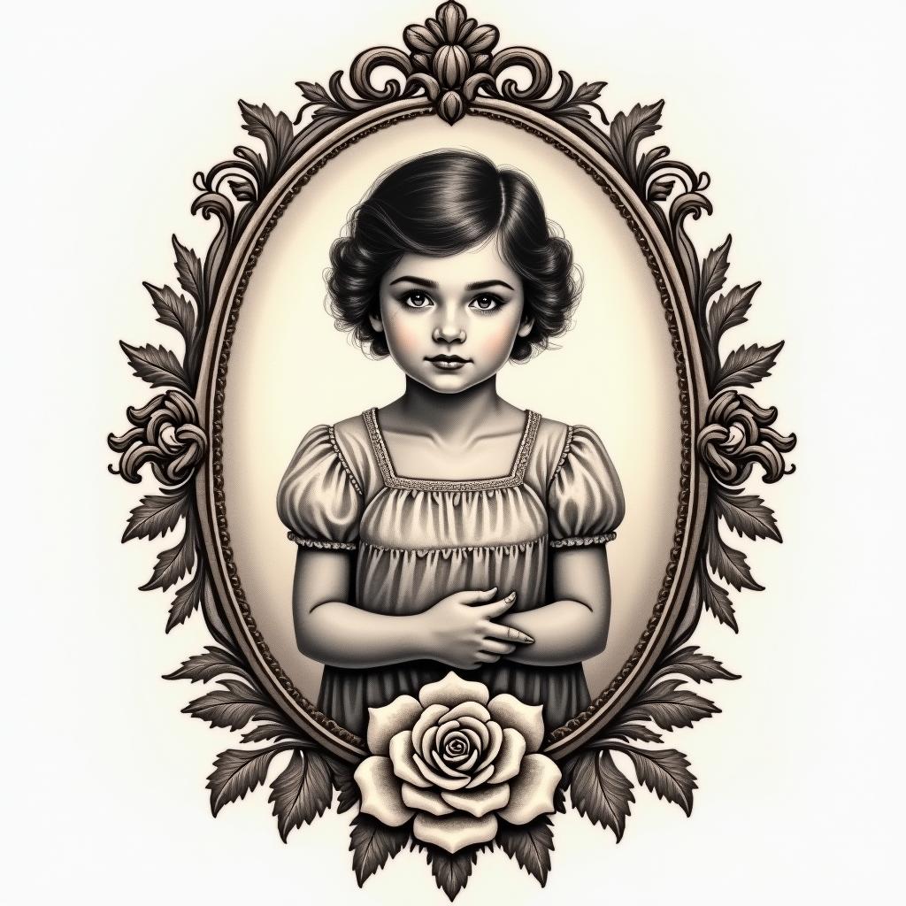 Childrenin victorian style tattoo, featuring vintage and elegant elements, ornate frames, roses, antique, sepia-toned color scheme - Variation 2