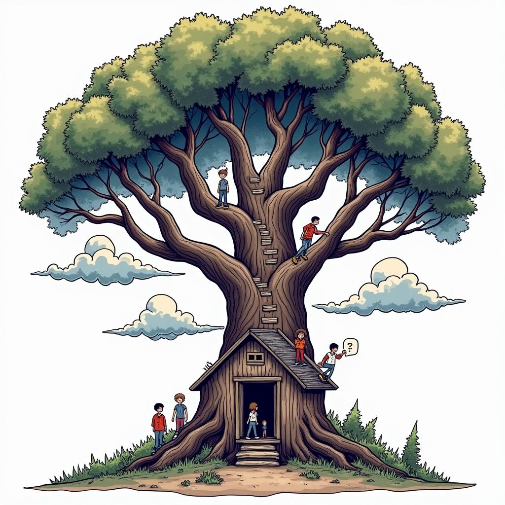 There's people coming out of an old shack going into the tree trunk and up the stairs way on the branches of giant tree that touches the clouds then coming back down from the sky in the branches into the tree trunkin pop art style tattoo, featuring bold and vibrant colors, exaggerated outlines, iconic imagery, inspired by comic books and speech bubbles, comic book characters, retro pop culture - Variation 2