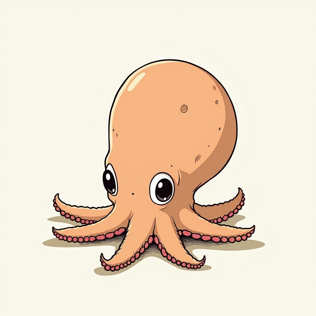 Feminine, cute octopusGhibli, Studio Ghibli aesthetic, hand-drawn anime style, retro nostalgic atmosphere, retro soft pastel color palette with earthy tones, retro Japanese cinematic shot, yellow tint effect, bald character, smooth surface, anime shadow 90's anime style