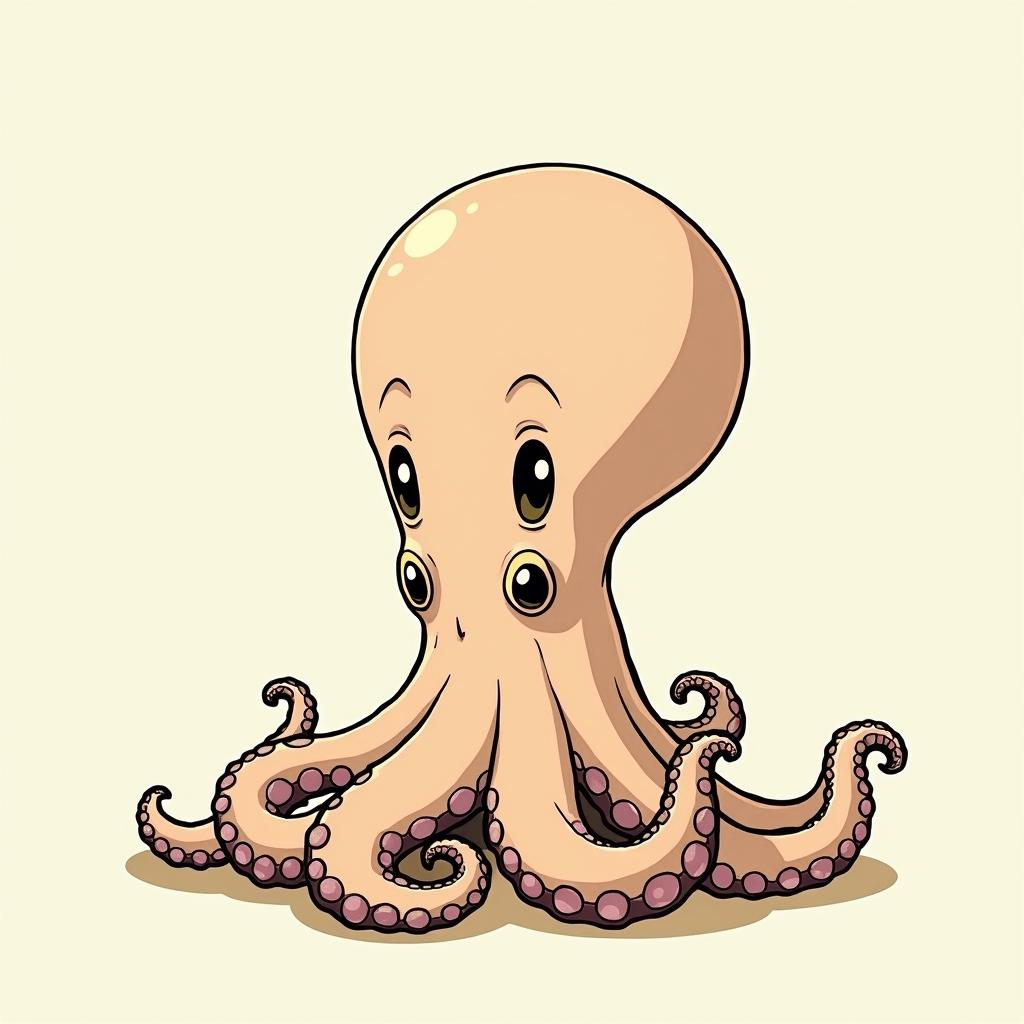 Feminine, cute octopusGhibli, Studio Ghibli aesthetic, hand-drawn anime style, retro nostalgic atmosphere, retro soft pastel color palette with earthy tones, retro Japanese cinematic shot, yellow tint effect, bald character, smooth surface, anime shadow 90's anime style - Variation 2