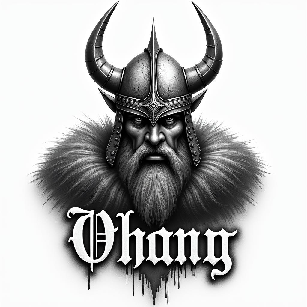 Fierce Viking with intricate helmet designtext-based tattoo, gothic font ultra-realistic, perfectly placed, high-quality font design, photo-realistic shading, 8k, high quality, finely detailed typography - Variation 7