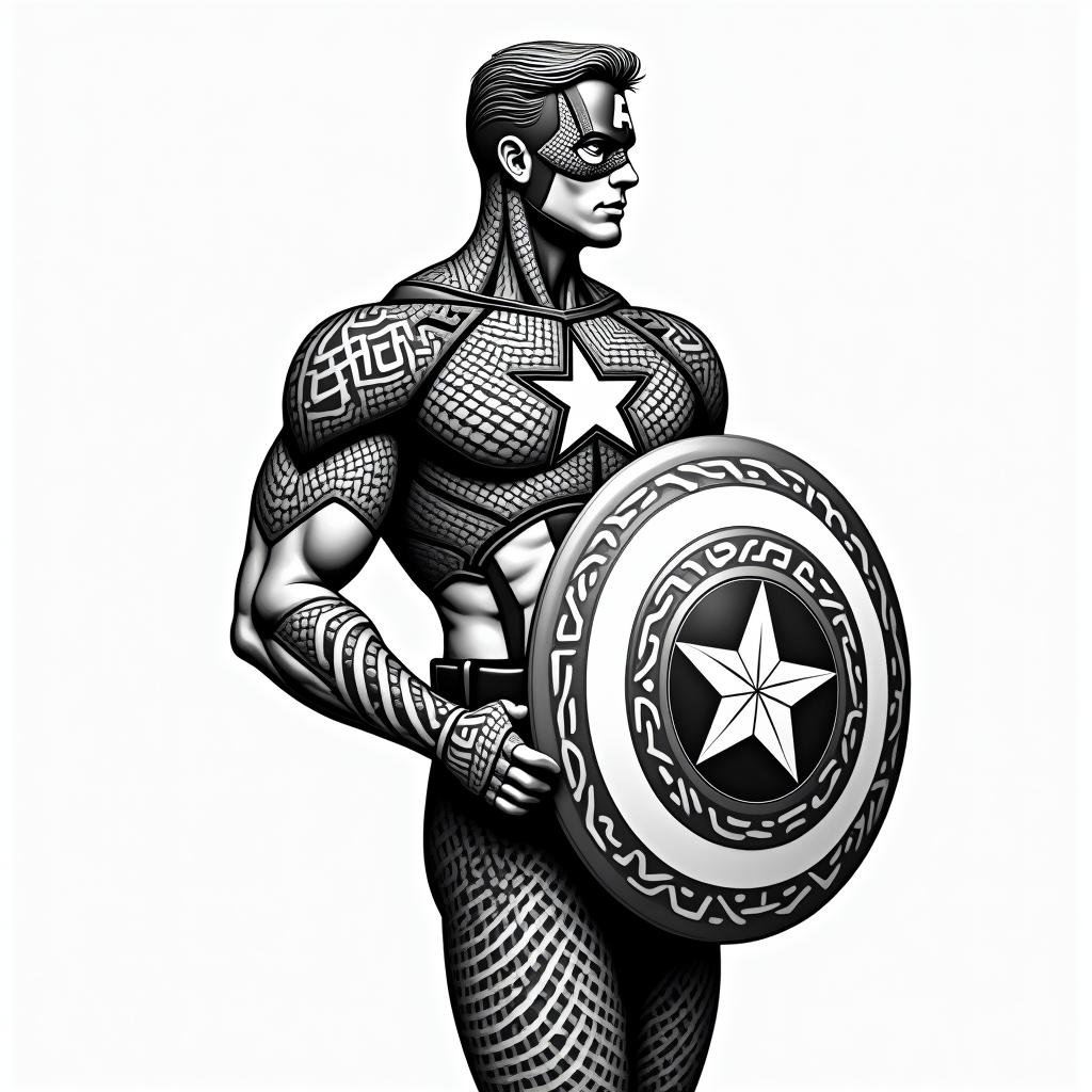 Captain America with his shield raisedin tribal tattoo style, featuring bold and black geometric shapes, curved lines, intertwine and flow seamlessly, creating a powerful and symbolic design, polynesian and maori styles - Variation 4