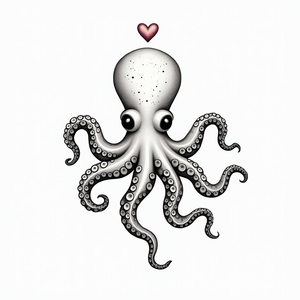 Feminine, cute octopusin Modest style tattoo, featuring soft, delicate line work with simple and meaningful symbols, gentle waves, a heart, evoking a sense of serenity and grace, - Variation 2