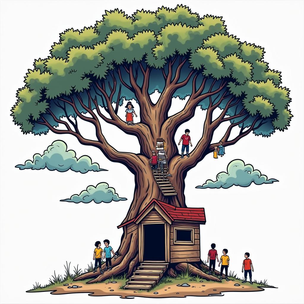There's people coming out of an old shack going into the tree trunk and up the stairs way on the branches of giant tree that touches the clouds then coming back down from the sky in the branches into the tree trunkin pop art style tattoo, featuring bold and vibrant colors, exaggerated outlines, iconic imagery, inspired by comic books and speech bubbles, comic book characters, retro pop culture