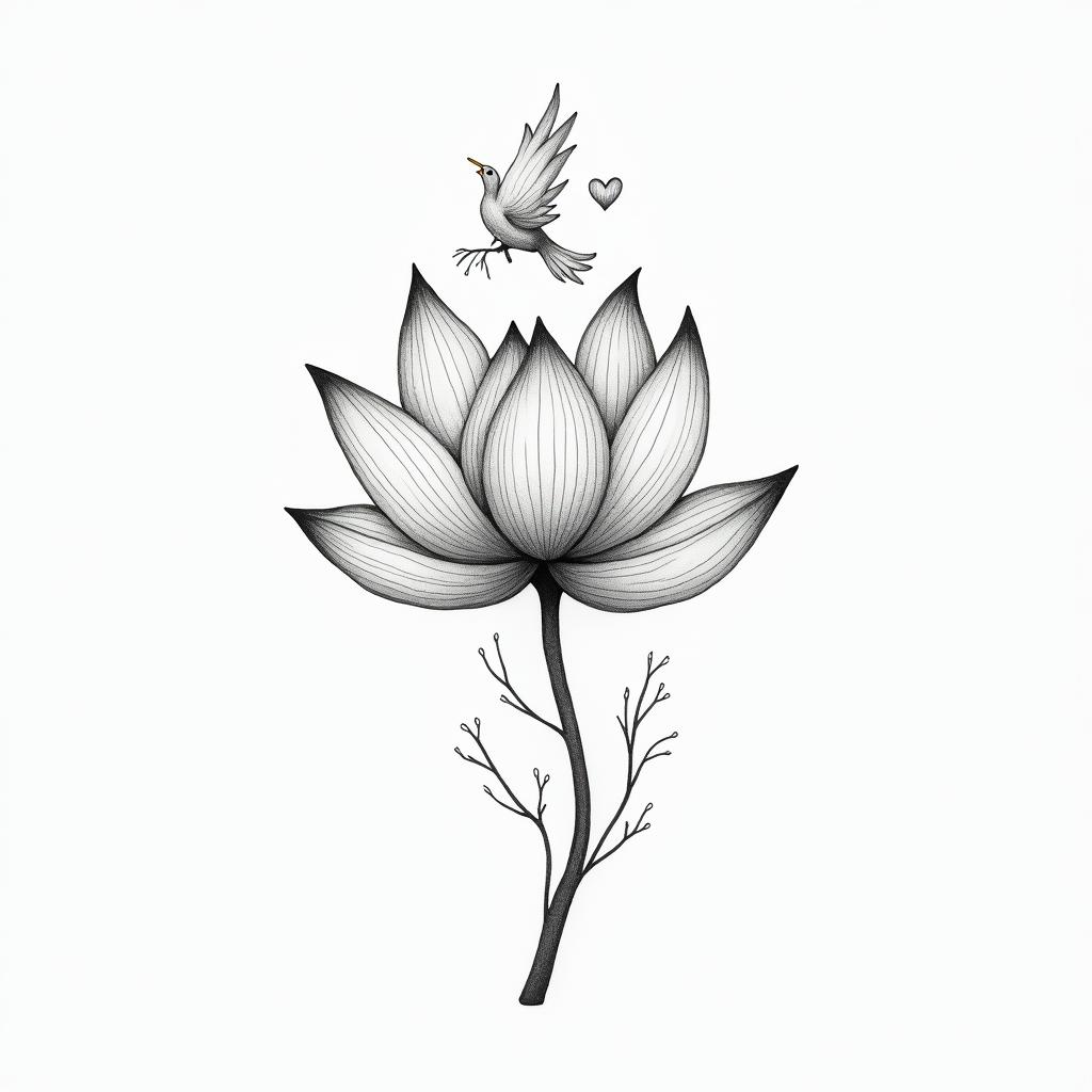 Lotus flower with birdin Modest style tattoo, featuring soft, delicate line work with simple and meaningful symbols, gentle waves, a heart, evoking a sense of serenity and grace, - Variation 4