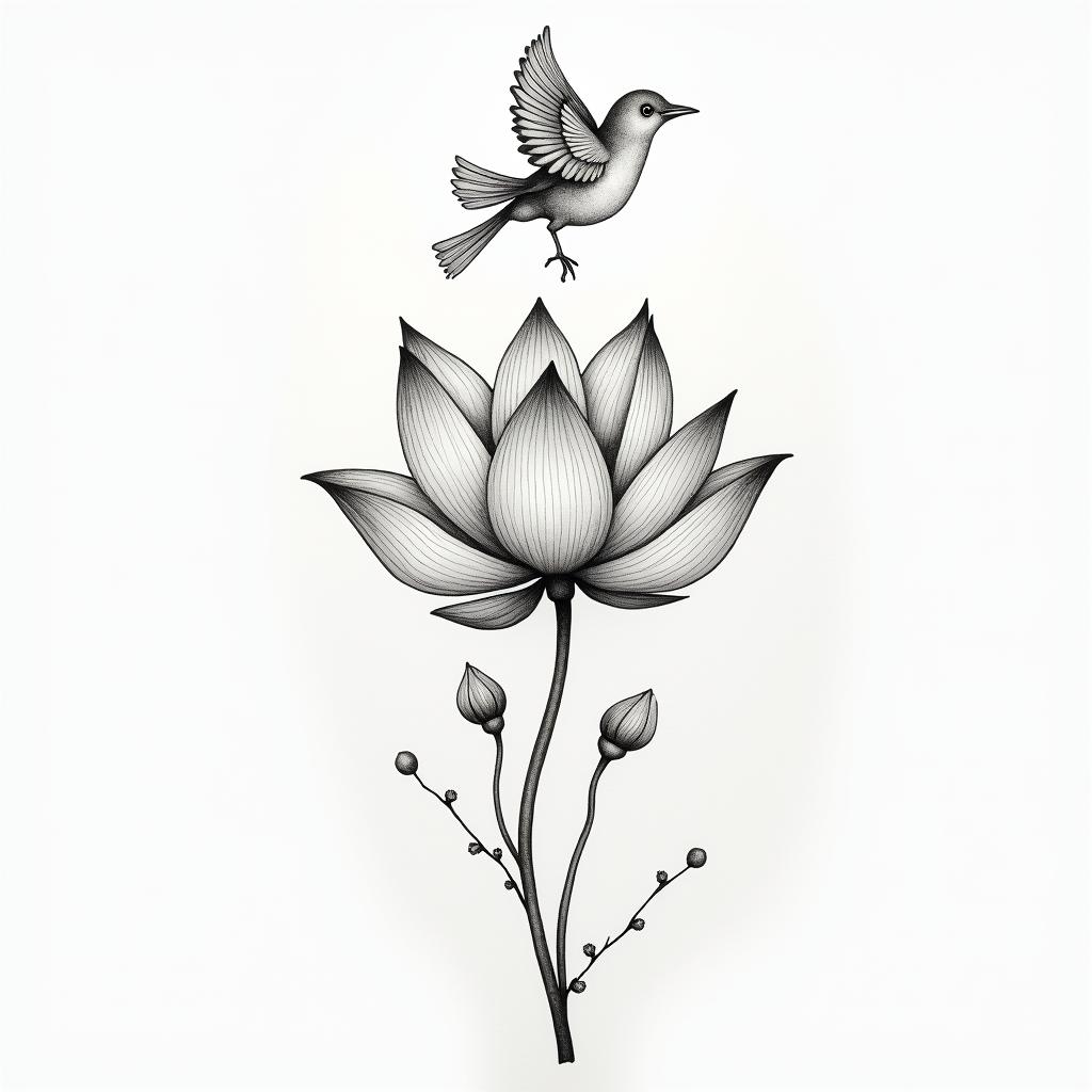 Lotus flower with birdin Modest style tattoo, featuring soft, delicate line work with simple and meaningful symbols, gentle waves, a heart, evoking a sense of serenity and grace, - Variation 2