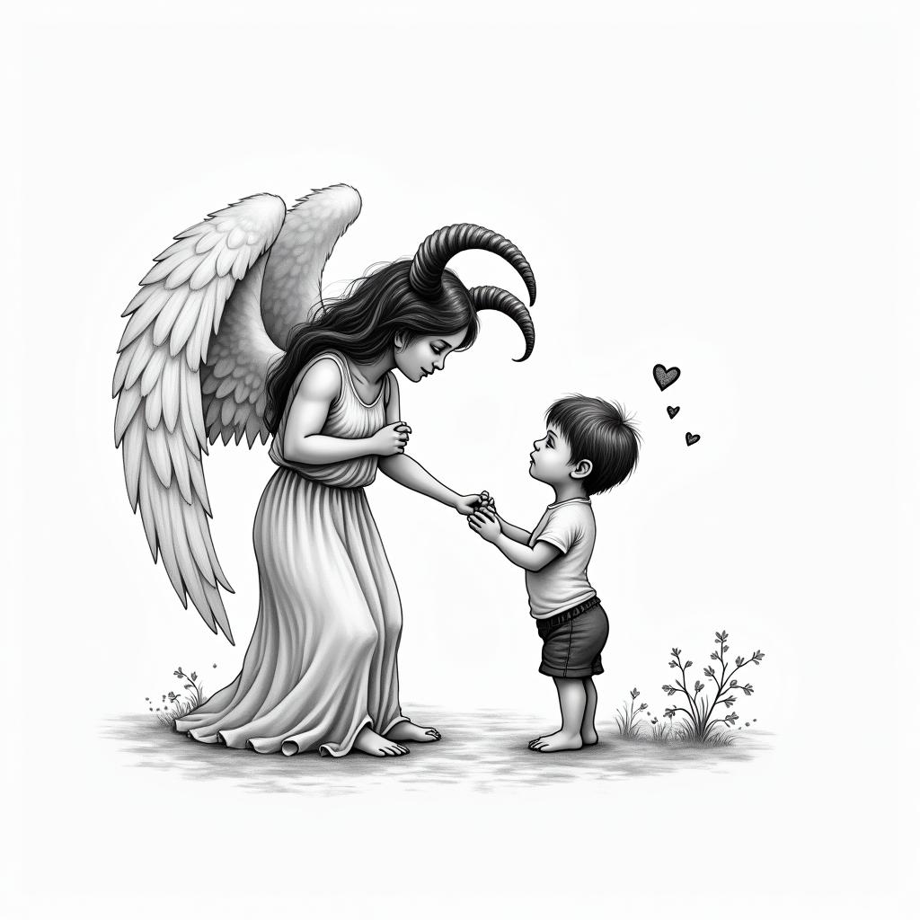 Angel holding broken horns looking down at a little boy. The little boy saying, " Are you proud of me now?"in Modest style tattoo, featuring soft, delicate line work with simple and meaningful symbols, gentle waves, a heart, evoking a sense of serenity and grace, - Variation 4