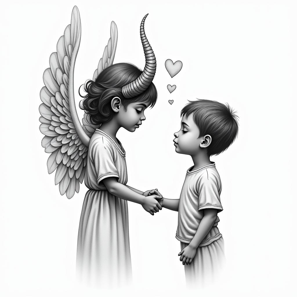 Angel holding broken horns looking down at a little boy. The little boy saying, " Are you proud of me now?"in Modest style tattoo, featuring soft, delicate line work with simple and meaningful symbols, gentle waves, a heart, evoking a sense of serenity and grace, - Variation 3