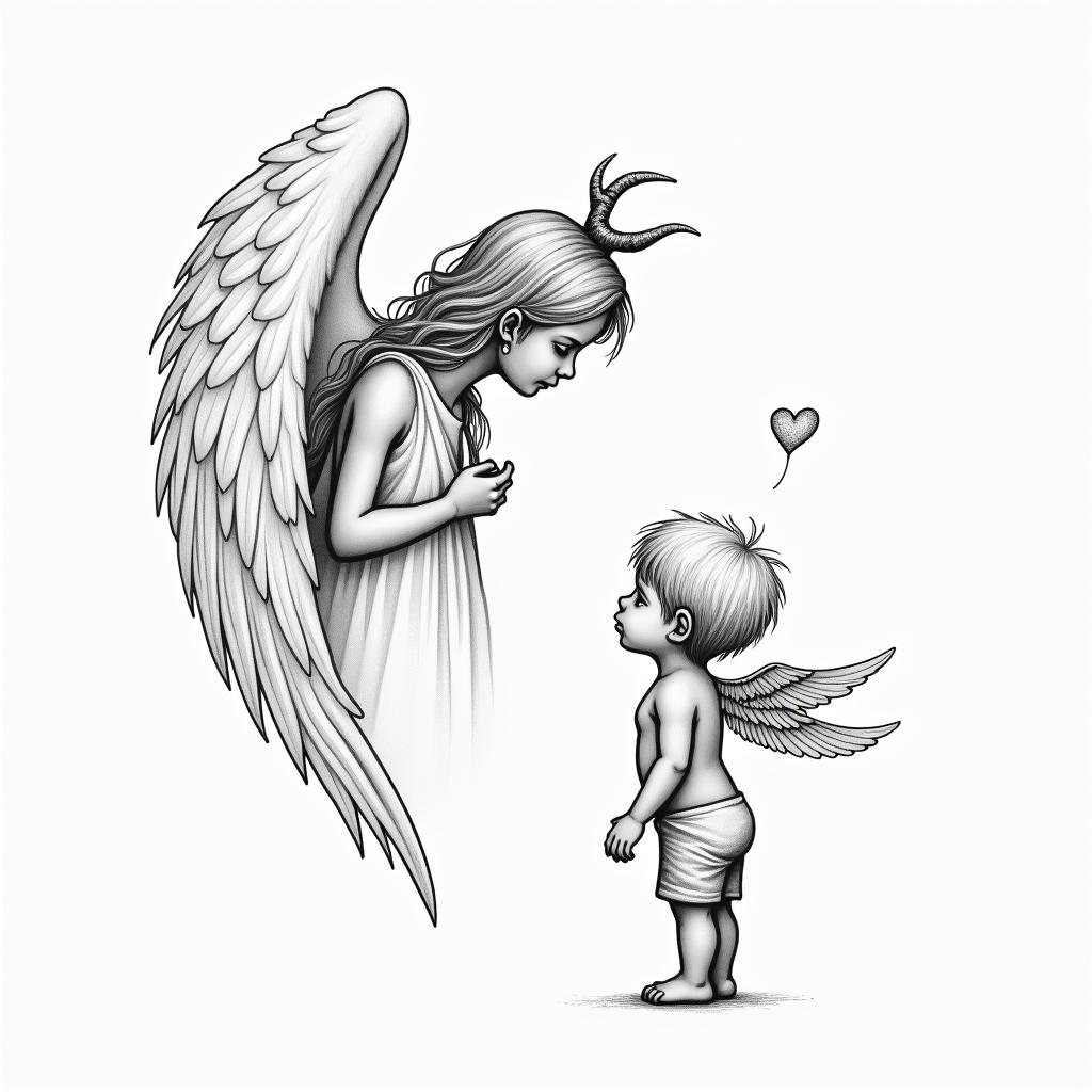 Angel holding broken horns looking down at a little boy. The little boy saying, " Are you proud of me now?"in Modest style tattoo, featuring soft, delicate line work with simple and meaningful symbols, gentle waves, a heart, evoking a sense of serenity and grace, - Variation 2