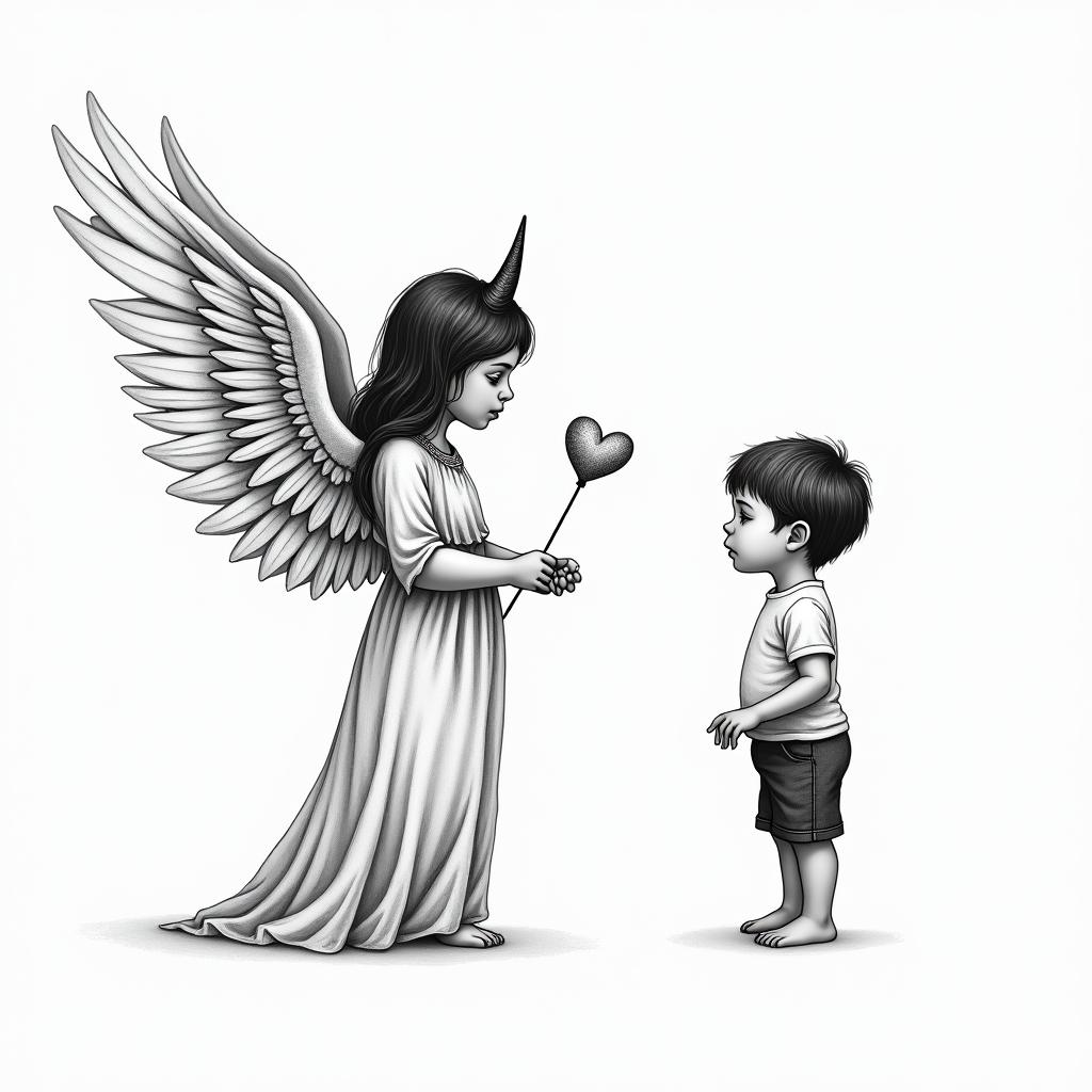 Angel holding broken horns looking down at a little boy. The little boy saying, " Are you proud of me now?"in Modest style tattoo, featuring soft, delicate line work with simple and meaningful symbols, gentle waves, a heart, evoking a sense of serenity and grace,