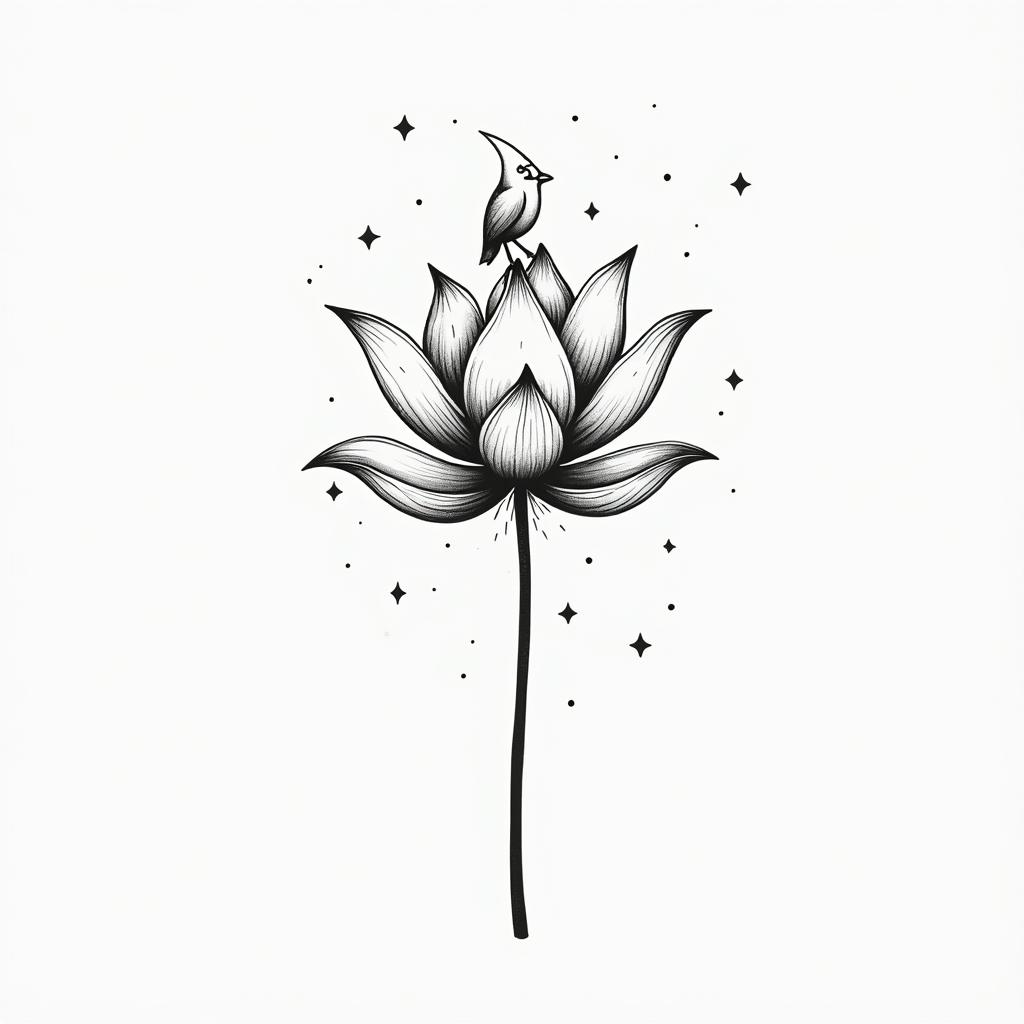Lotus flower with birdin minimalist style tattoo, featuring simple shapes and fine lines, with minimal shading and details, tiny triangles, creating a sense of balance and harmony