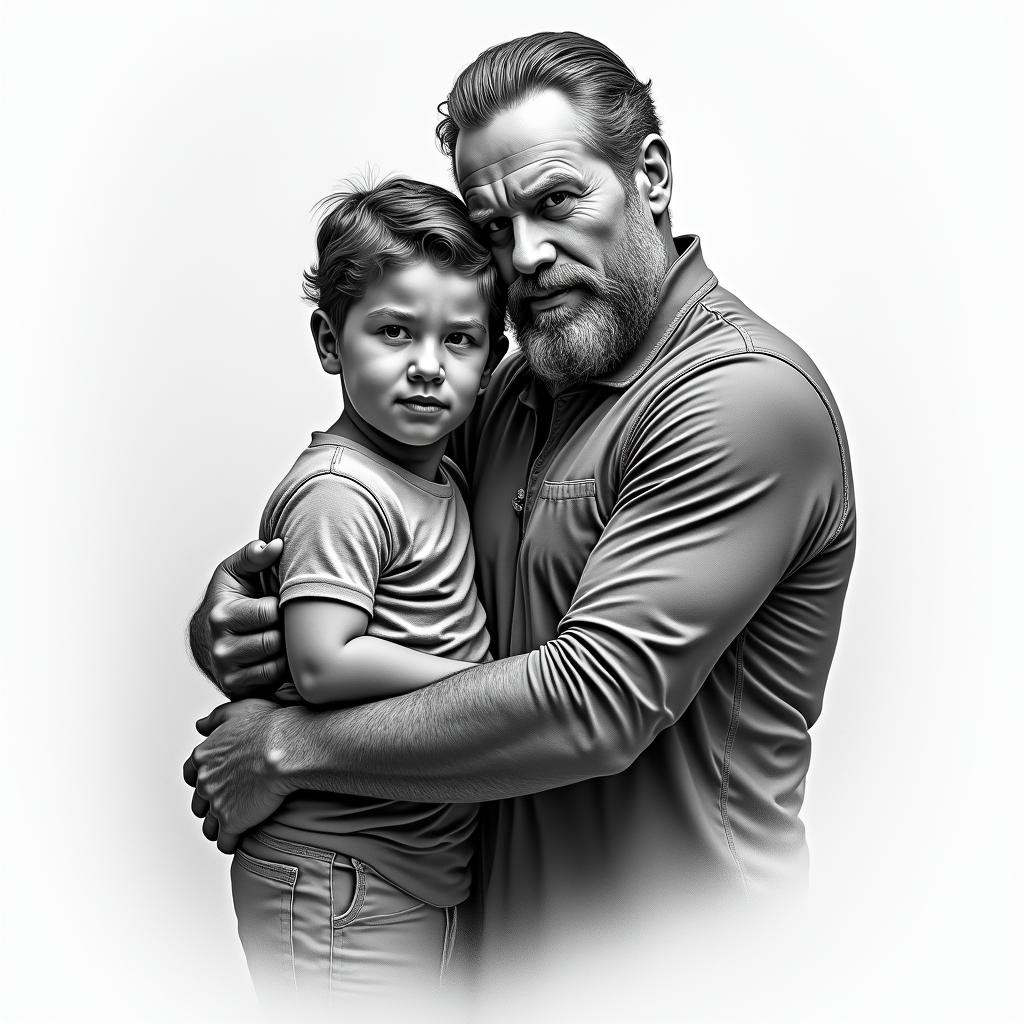 Father and Sonin portrait tattoo style, featuring a highly realistic and detailed depiction